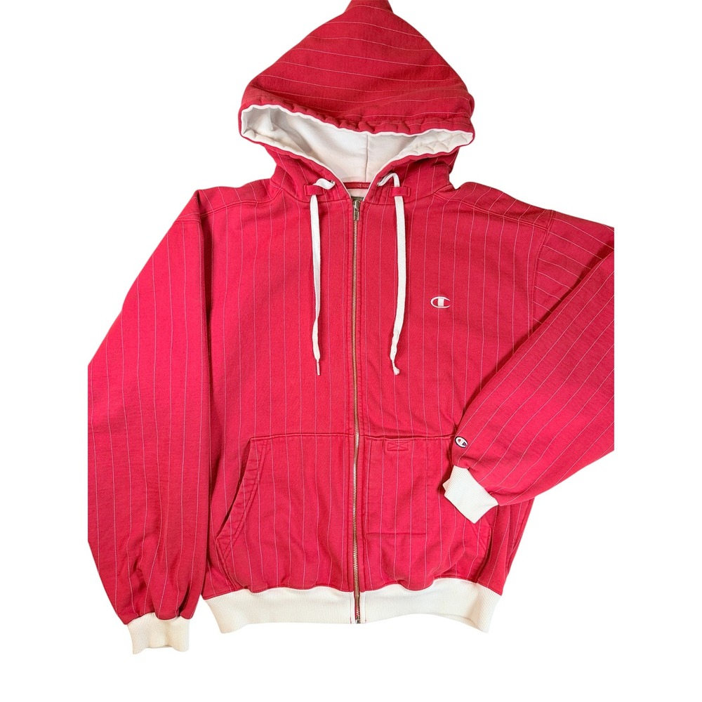 Champion Full Zip Hoodie Mens Large Red Pinstripe Vintage Streetwear S2233-072